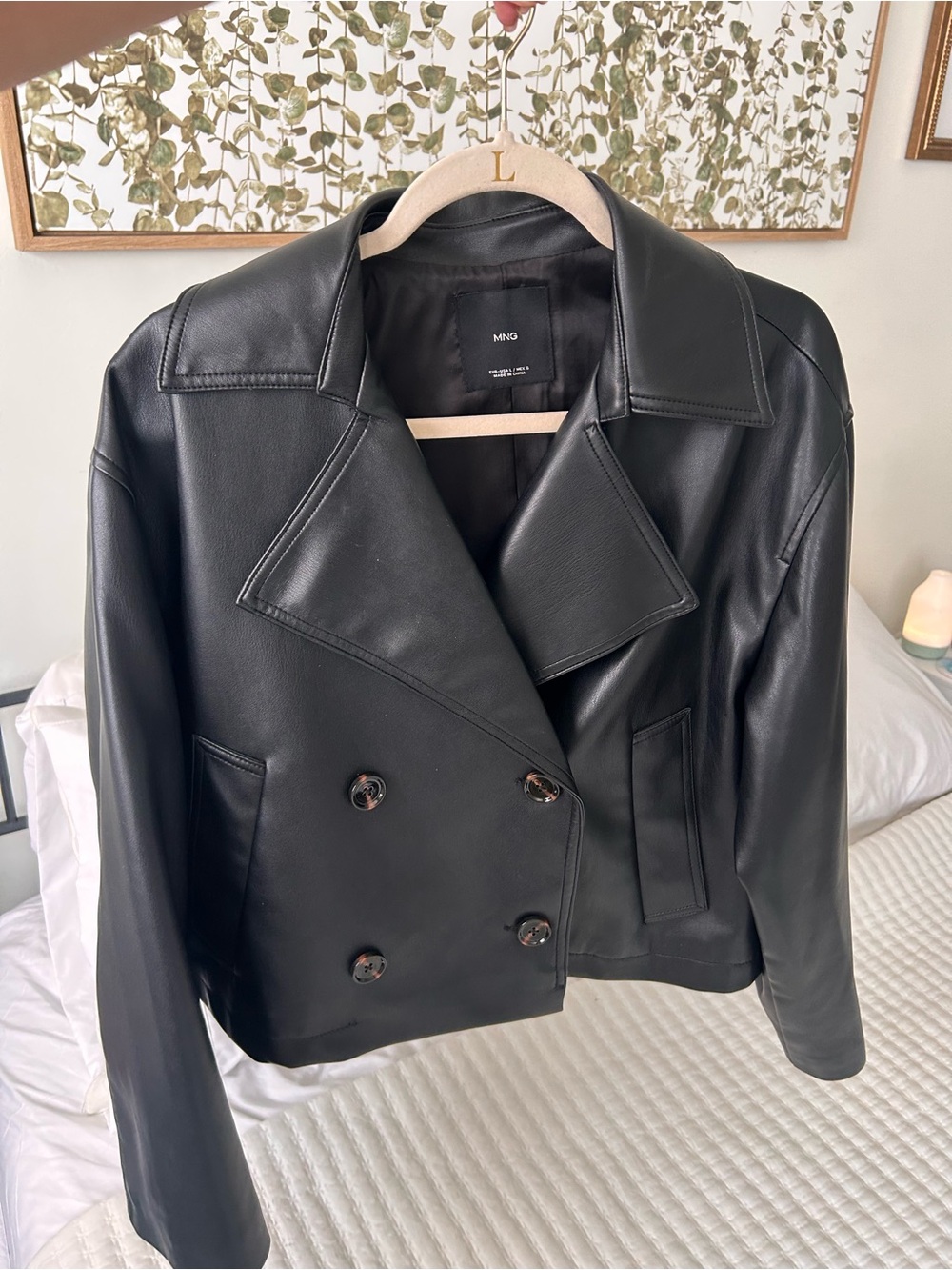 Mango Black Double-Breasted Faux Leather Cropped Jacket